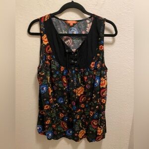 Modcloth Floral Boho Whimsygoth Sleeveless Lace Up Tassel Blouse Size 1X